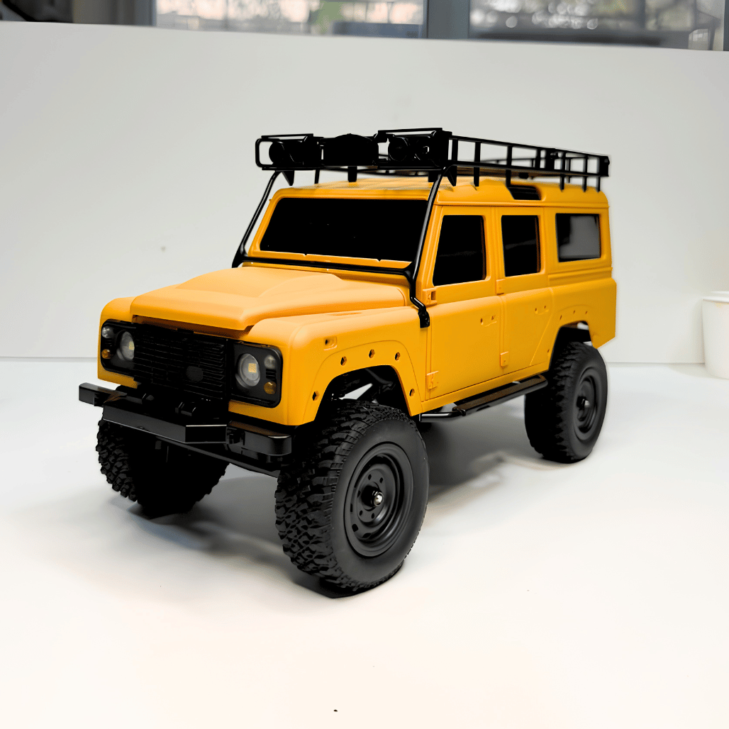 Side profile view of the 1:18 scale yellow off road crawler ready for retail bulk orders in toy shops across India