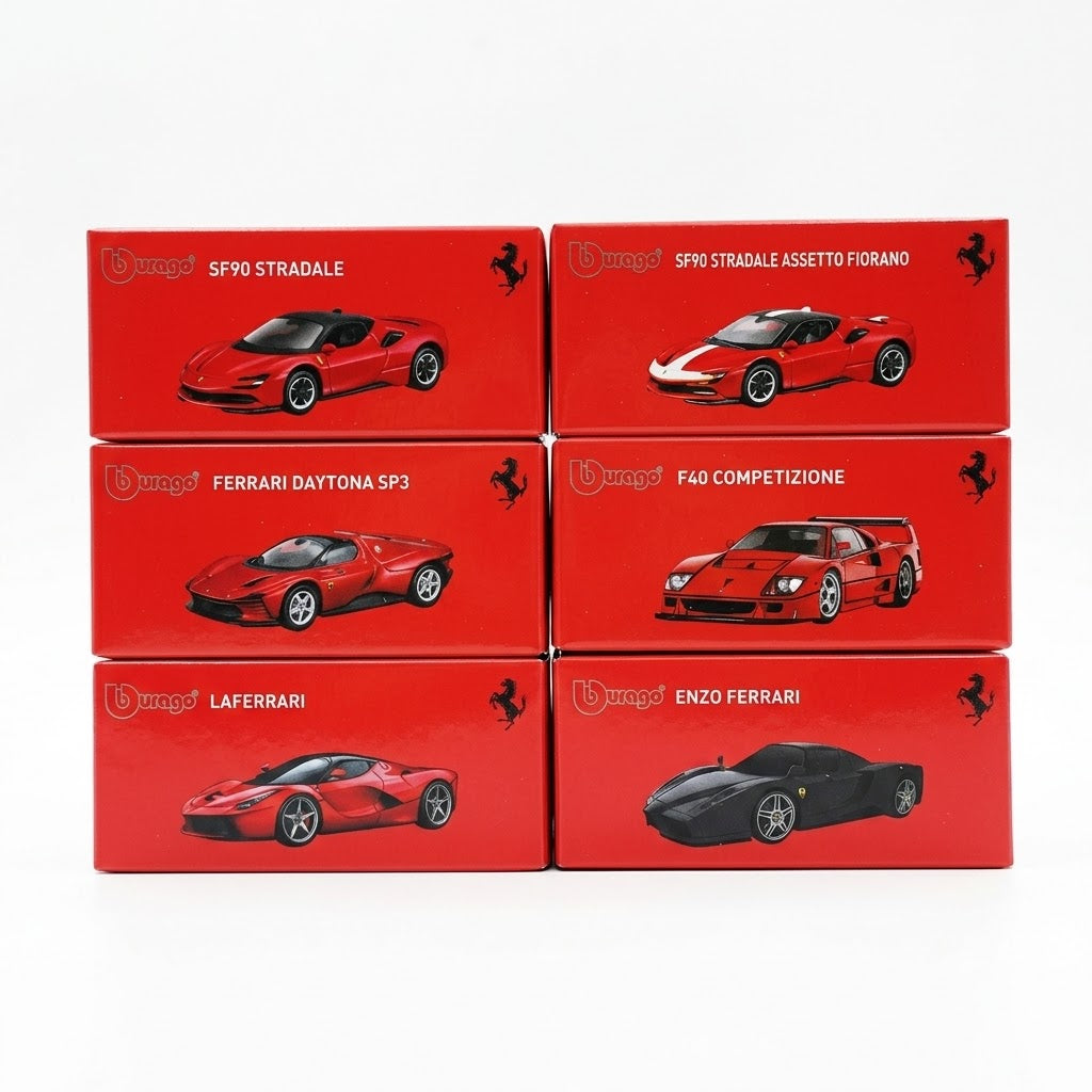 Six red toy car boxes arranged in a 2x3 grid on a white background, featuring Ferrari sports cars including SF90 Stradale, Ferrari Daytona SP3, F40 Competizione, and LaFerrari, with Enzo Ferrari also shown on one box.