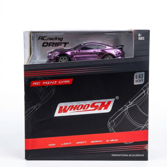 WhooSH RC Mini Car AC racing Drift model car in a purple metallic finish, shown inside its black and red retail packaging box.