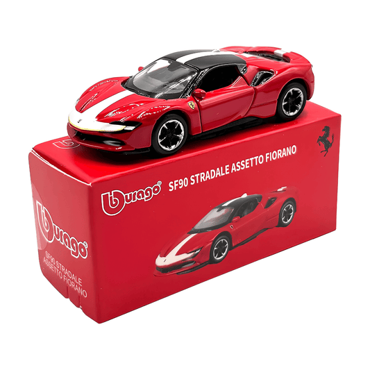 Front view of the red Bburago Ferrari SF90 Stradale Assetto Fiorano 1:64 diecast car for wholesale inventory