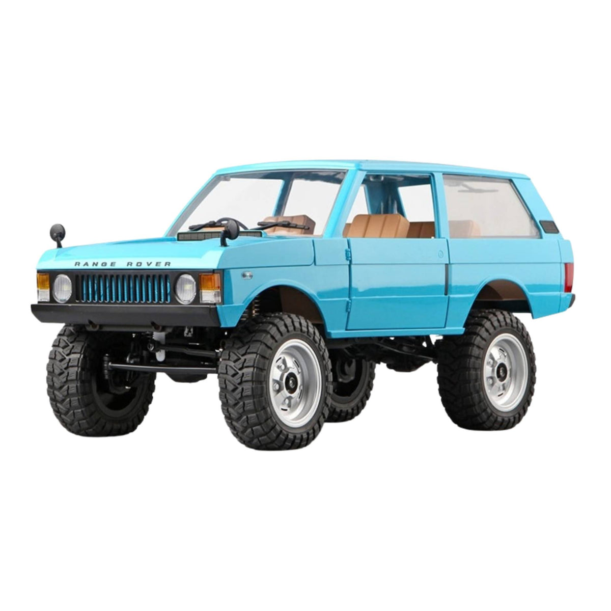Front three-quarter view of the blue MN168 4WD RC car sitting flat on a plain white background.