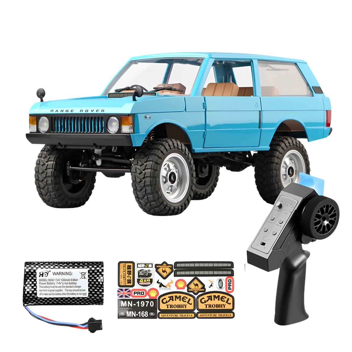 Blue MN Models MN168 RC car displayed with its remote control, battery, and sticker sheet