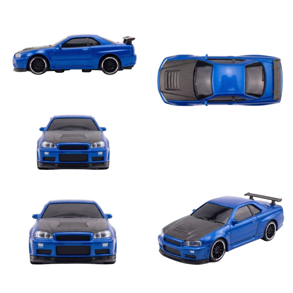 Four angle views showing the front, top, side, and rear of the blue Nissan Skyline GTR
