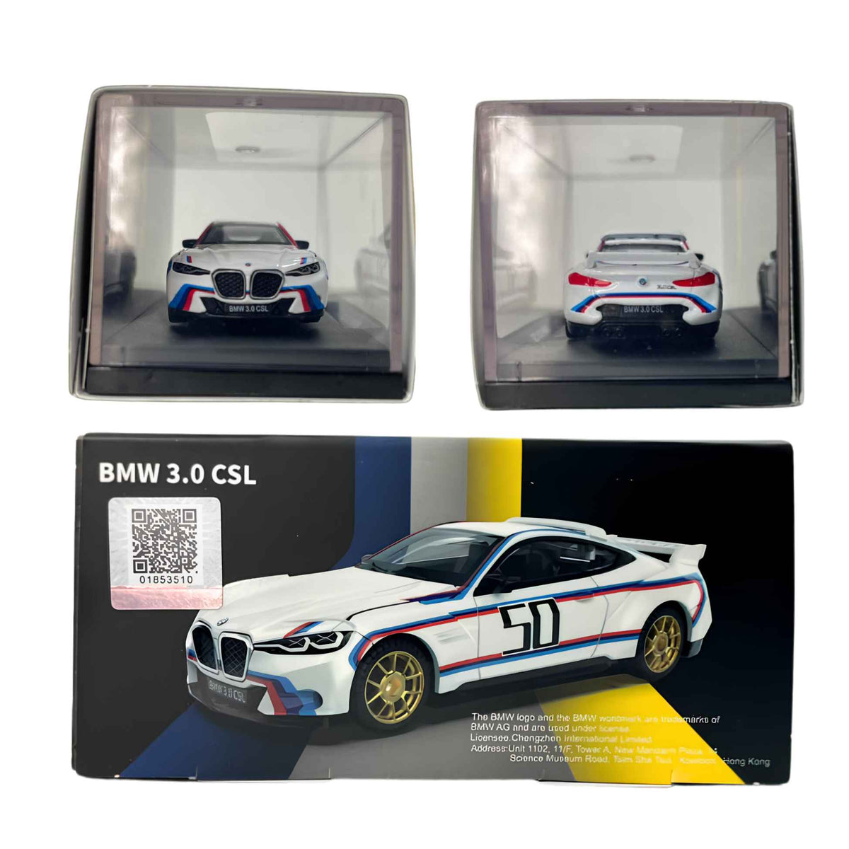 Side profile of the 1:64 scale BMW 3.0 CSL showing gold-colored wheels ready for retail store stock