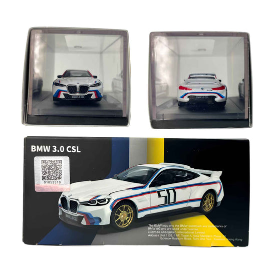 Side profile of the 1:64 scale BMW 3.0 CSL showing gold-colored wheels ready for retail store stock