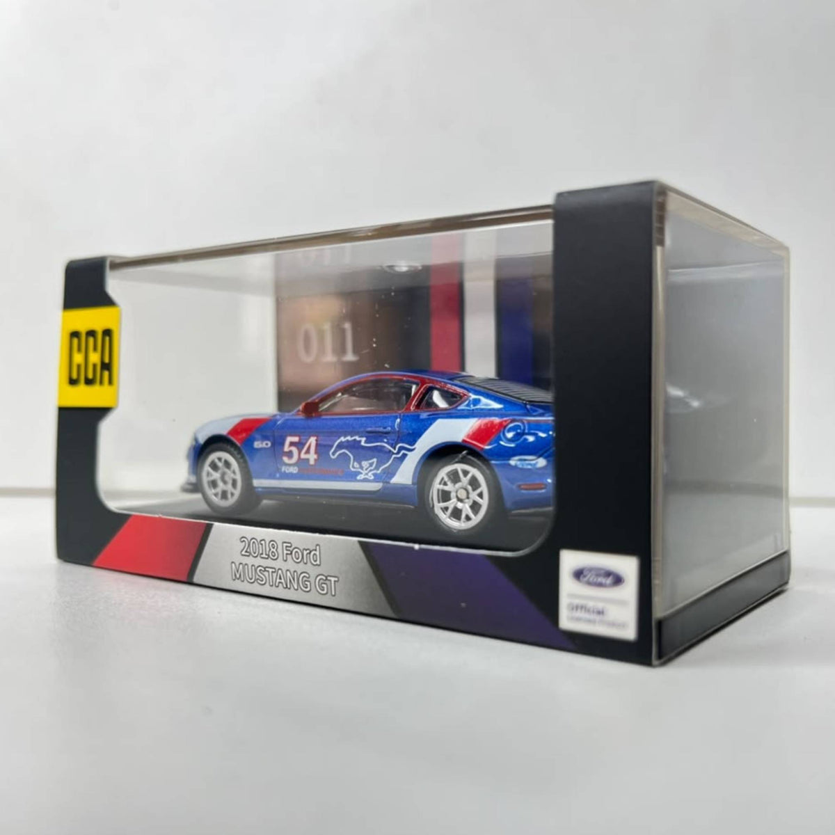Rear profile of the 7.5cm CCA 011 Ford Mustang Shelby scale model car for distributor pricing