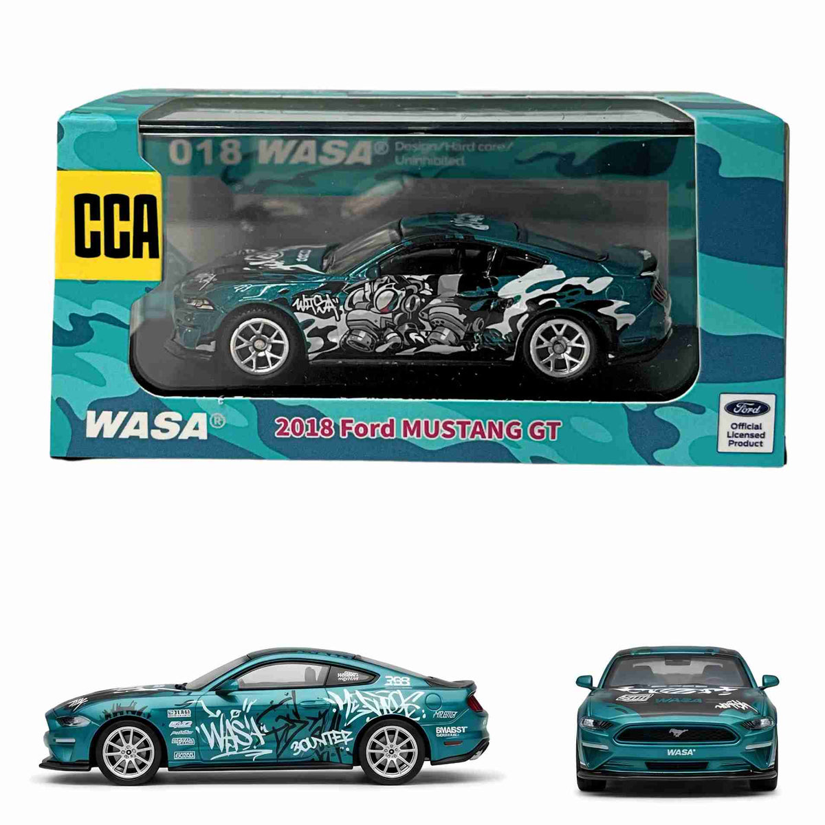 Front profile of the 1:64 scale CCA 2018 Ford Mustang GT WASA Blue Edition model car for wholesale store inventory