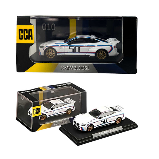 Front view of the white CCA CCA-010 BMW 3.0 CSL Tribute 50 diecast model car for wholesale inventory