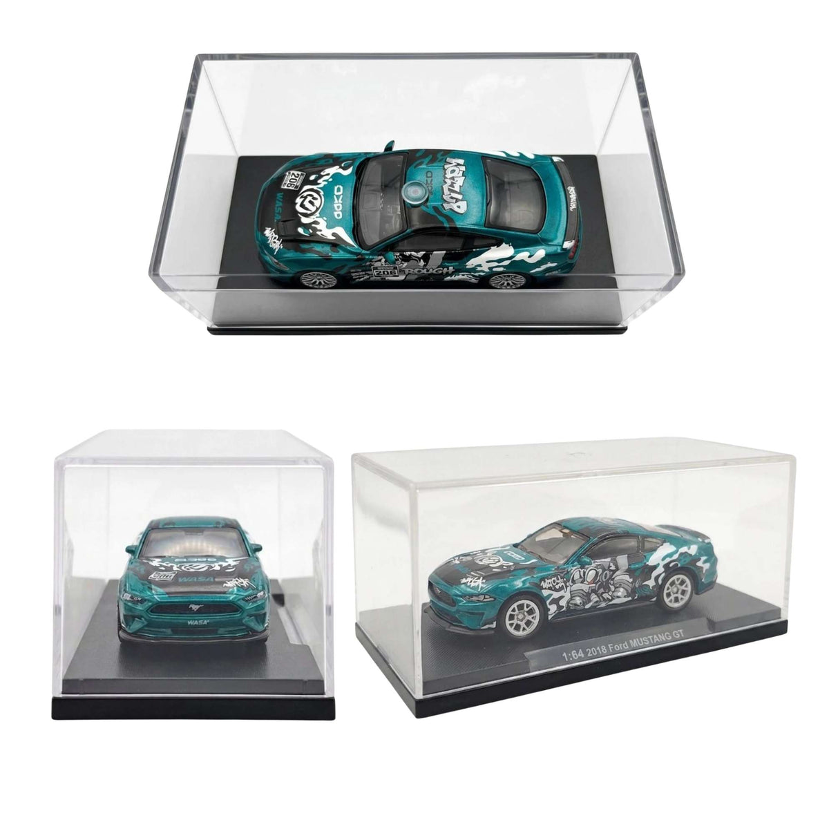 Side angle of the 7.5cm CCA 2018 Ford Mustang GT WASA Blue collectible diecast car for retail shop stock