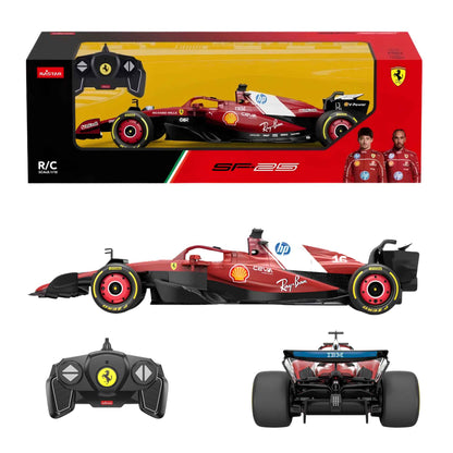 Side profile of the RASTAR Ferrari SF-25 scale model showing the red F1 livery and black racing tires