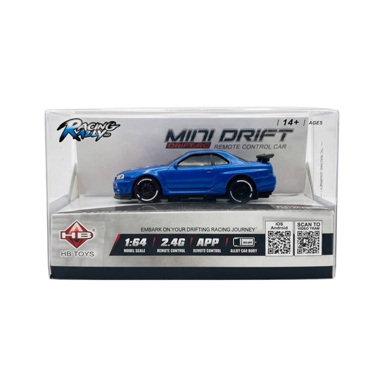 Angled view of the retail packaging for the 1:64 scale blue Racing Rally RC car