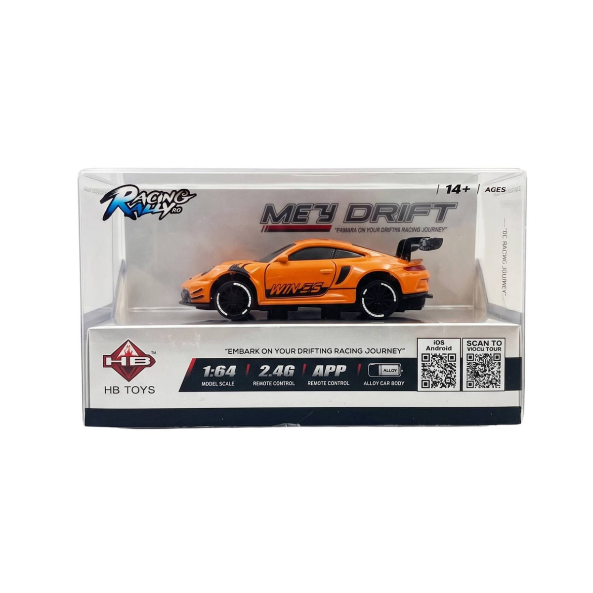 Angled view of the retail packaging for the 1:64 scale orange Racing Rally Mini Drift RC car