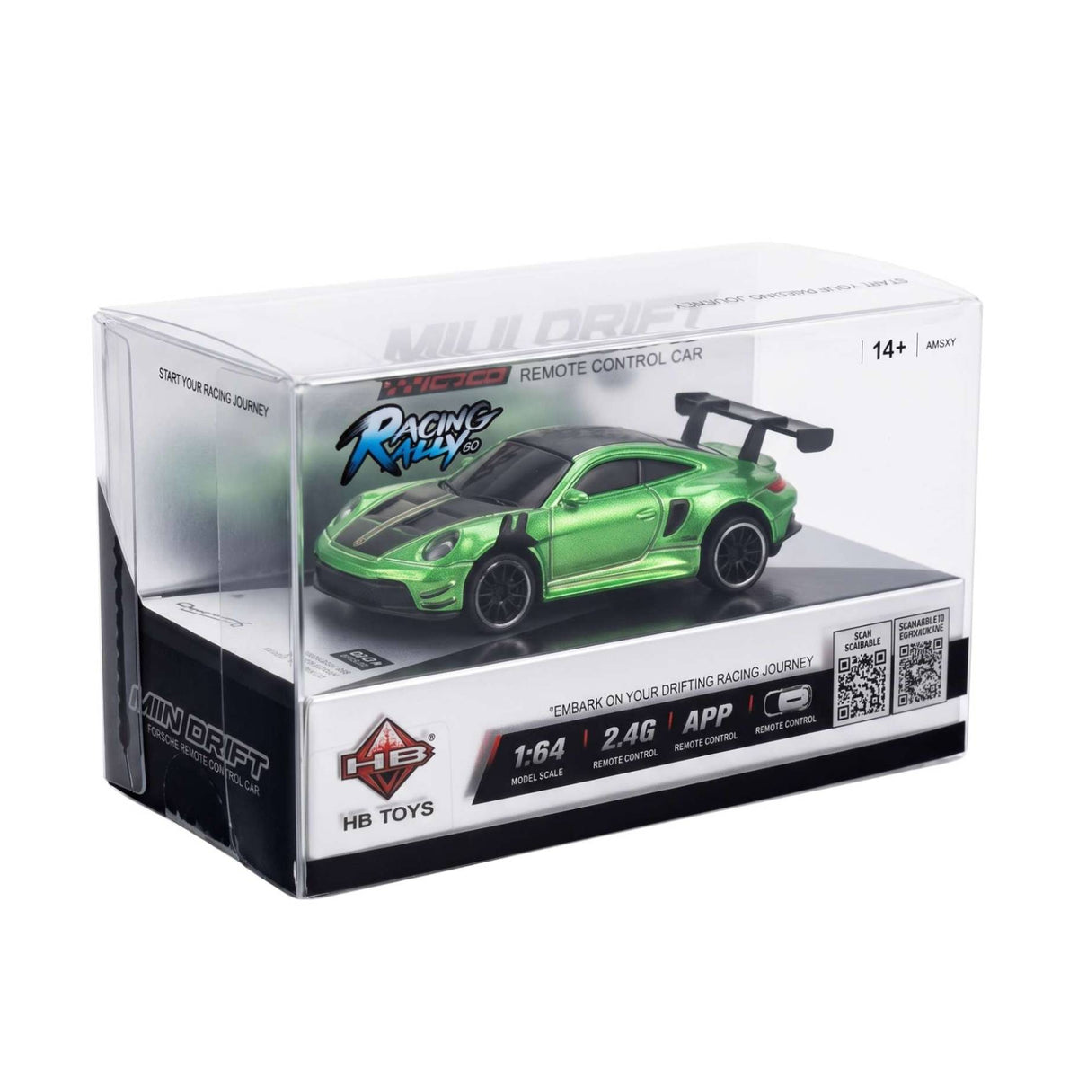 Angled view of the retail packaging for the 1:64 scale metallic green Racing Rally Mini Drift RC car.