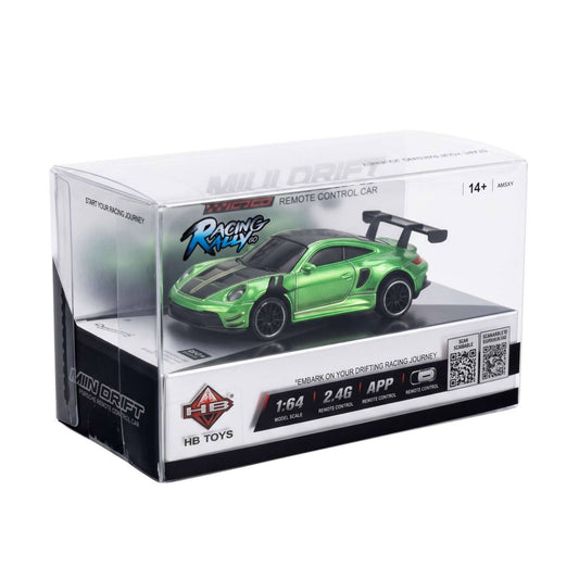 Angled view of the retail packaging for the 1:64 scale metallic green Racing Rally Mini Drift RC car.