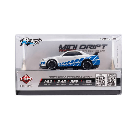 Angled view of the retail packaging for the 1:64 scale silver Racing Rally RC car