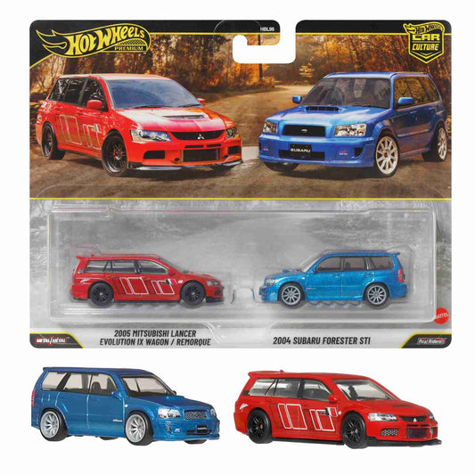 Front view of the Hot Wheels HBL96-U Mitsubishi and Subaru diecast car set packaging for wholesale store inventory