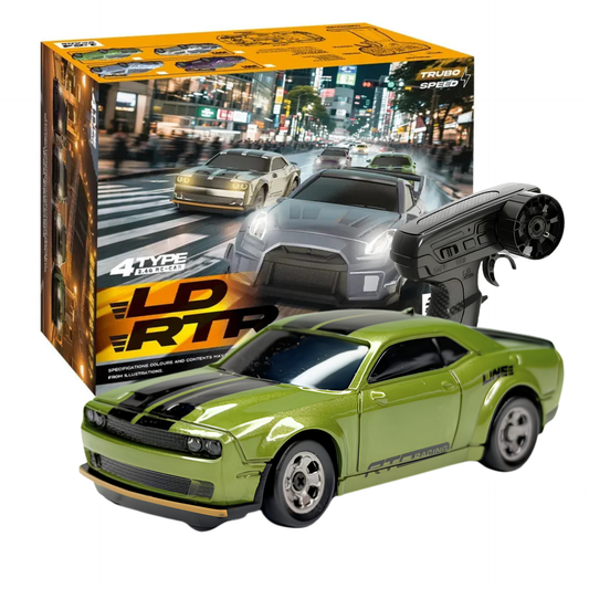 Front view of the green LDRC 3602 Dodge Challenger 1:64 scale 4WD RC drift car for wholesale inventory
