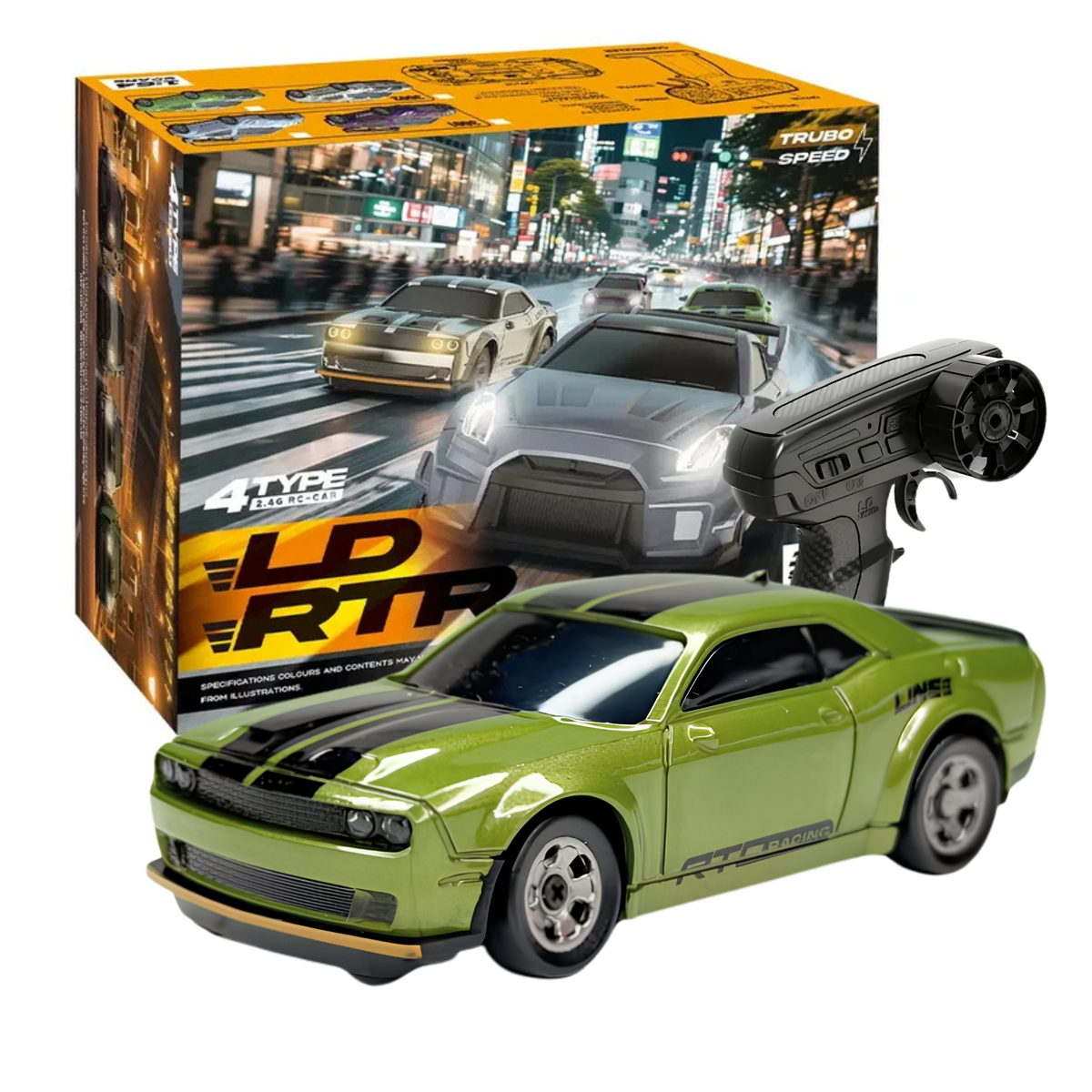 Front view of the green LDRC 3602 Dodge Challenger 1:64 scale 4WD RC drift car for wholesale inventory