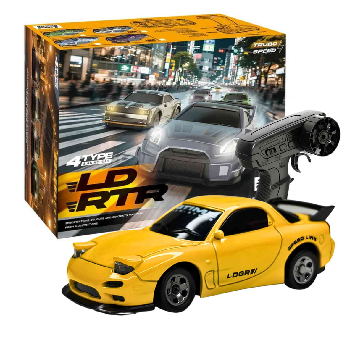 Front view of the yellow LDRC 3603 Mazda RX-7 FD3S 1:64 scale 4WD RC car with LED headlights for wholesale inventory