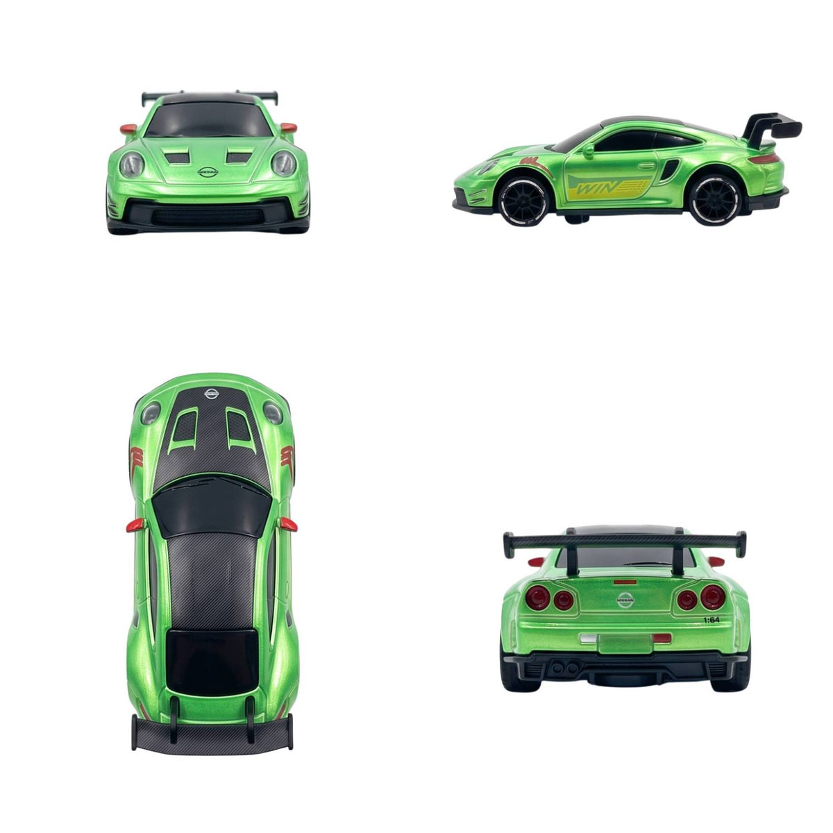Four angle views showing the front, top, side, and rear of the metallic green Porsche 911 RC car