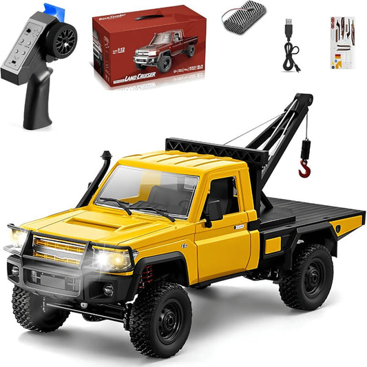 Front view of the yellow MN Model MN82T 1:12 scale 4WD RC crawler truck with functional headlights for wholesale store inventory