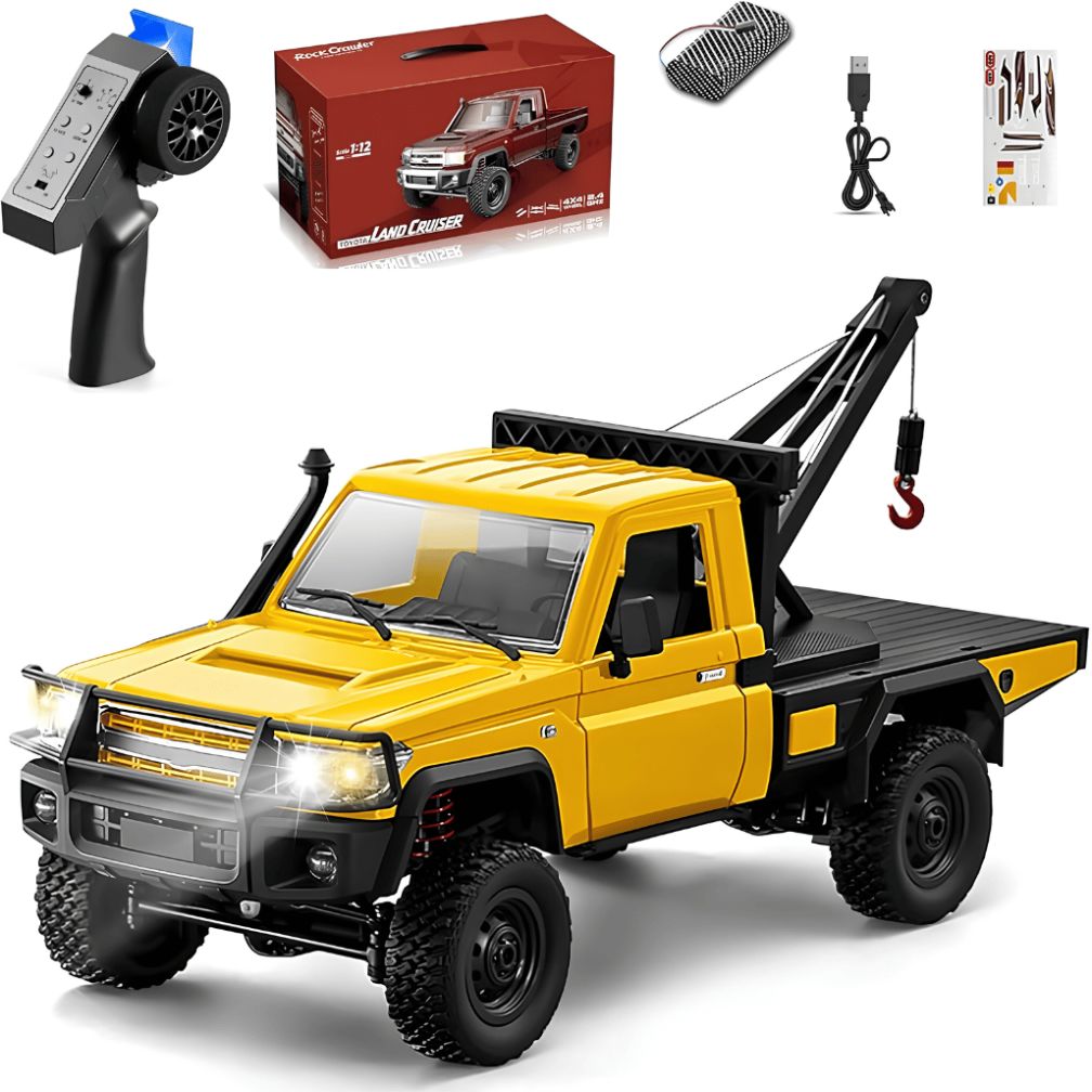 Front view of the yellow MN Model MN82T 1:12 scale 4WD RC crawler truck with functional headlights for wholesale store inventory