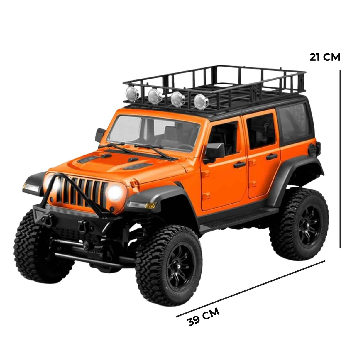 Side profile view of the 4WD orange MN128 off-road truck highlighting the rubber tires