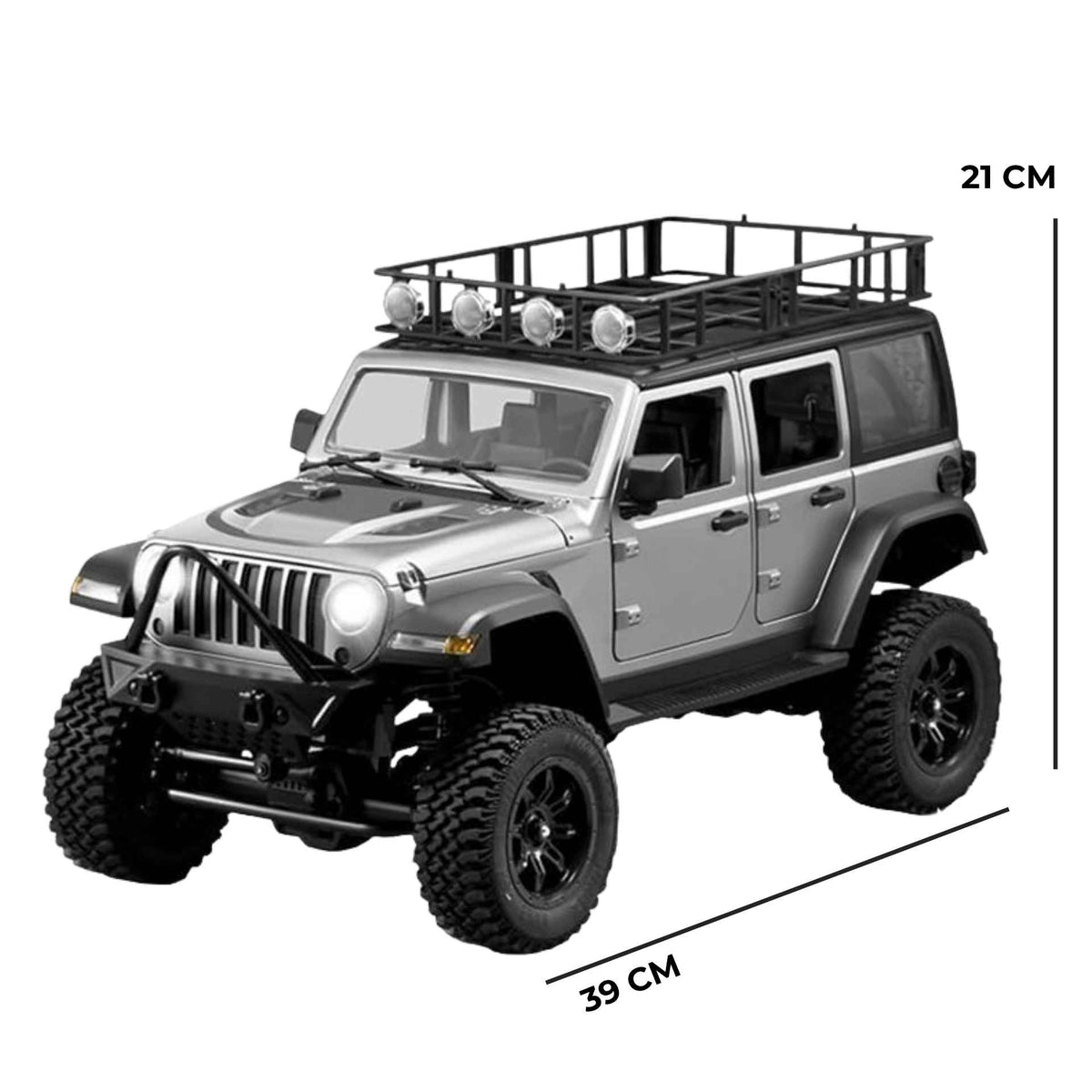 Side profile view of the 4WD silver MN128 off-road truck highlighting the rubber tires
