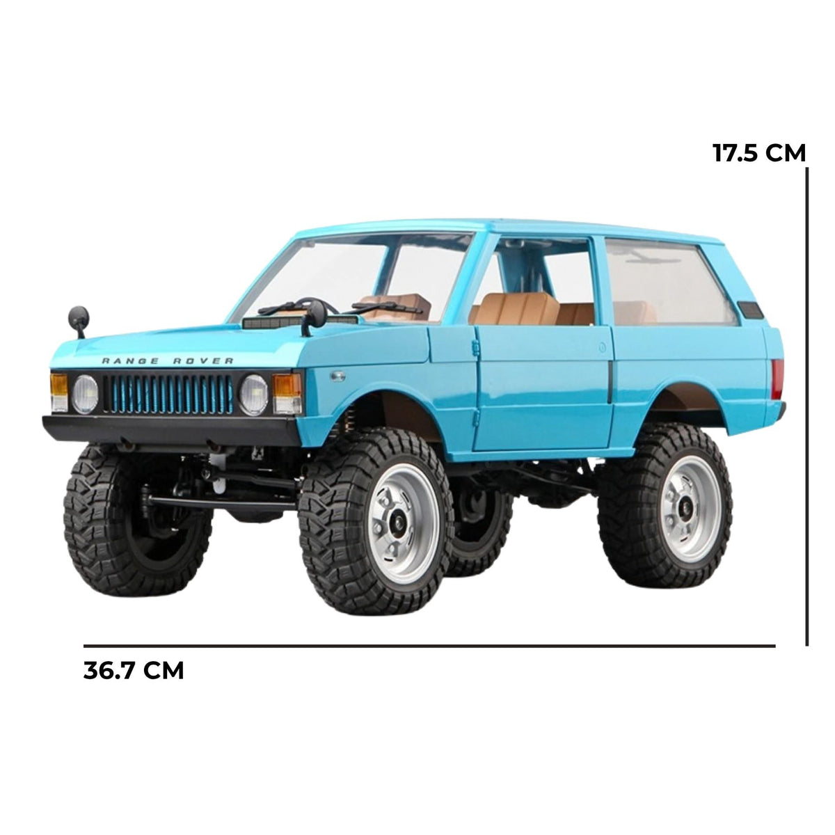Side profile view of the blue MN168 Range Rover 4WD RC crawler showing its dimensions.