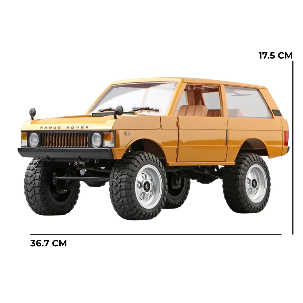 Side profile of the yellow MN168 RC crawler showing length and height dimensions on a white background