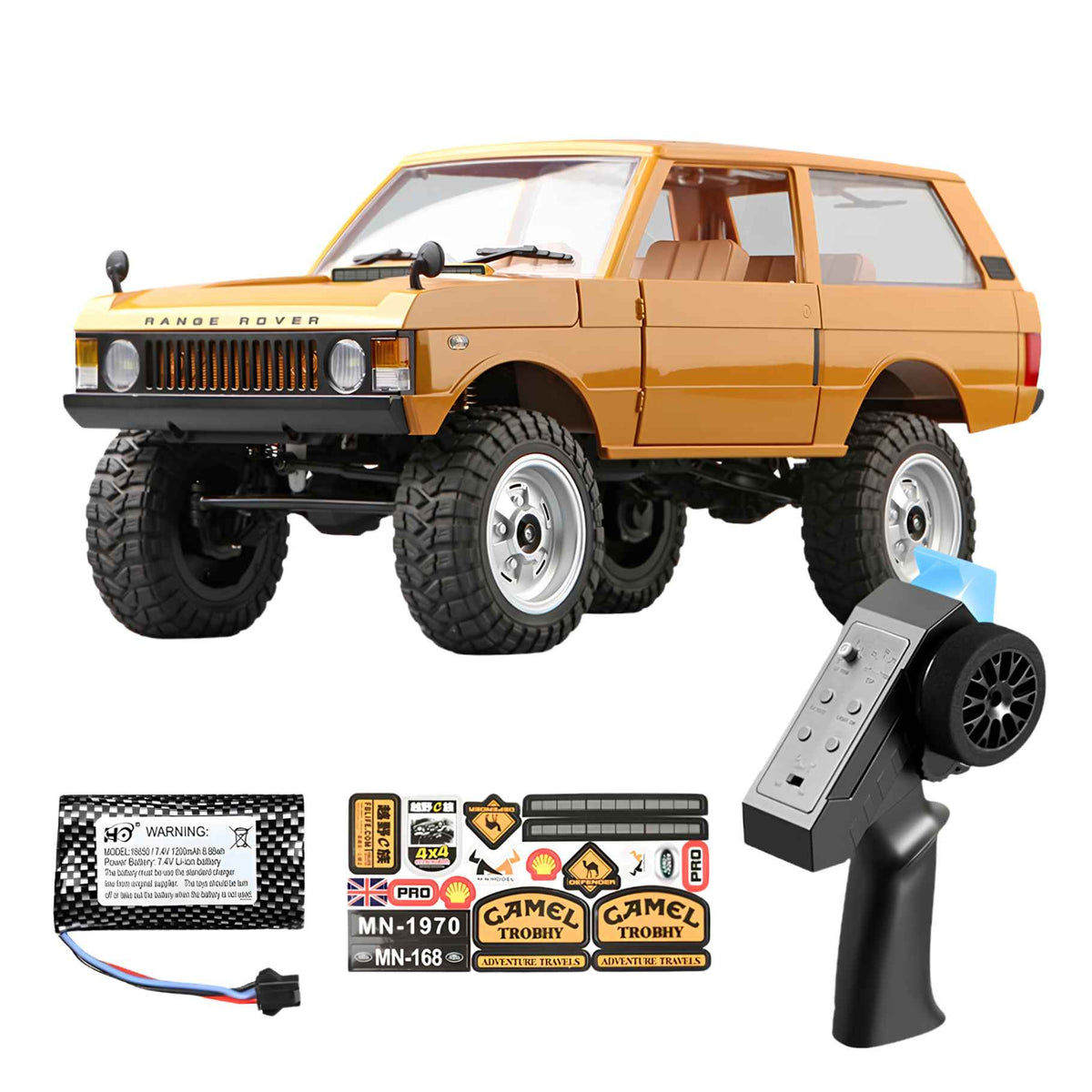 Yellow MN Models MN168 Range Rover RC car displayed with its remote control, battery, and sticker sheet