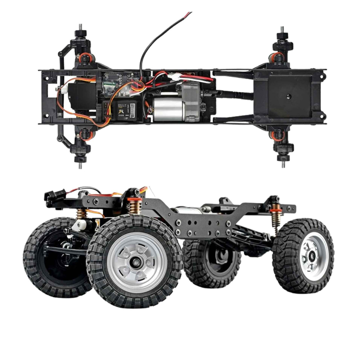 Top and side views of the MN Models MN168 bare chassis showing the 4WD layout, motor, and suspension