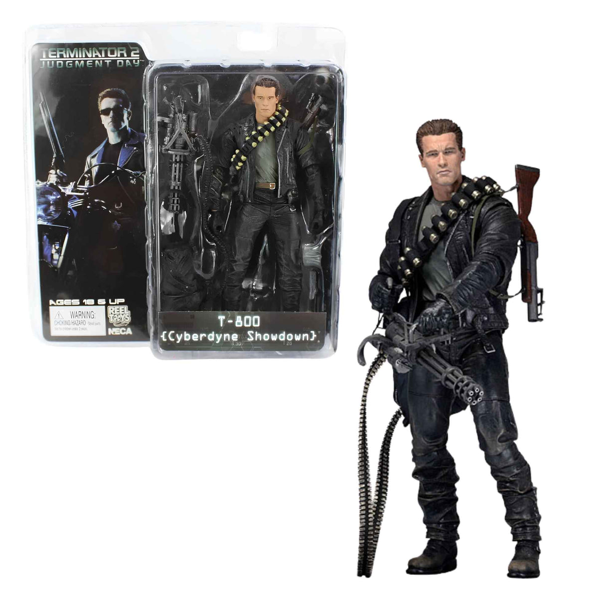 Front view of the NECA T-800 Cyberdyne Showdown action figure in original packaging for wholesale inventory