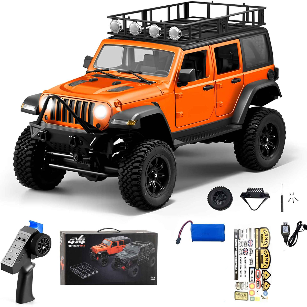 Front view of the orange MNRC MN128 RC rock crawler showing the 1:12 scale body and roof rack.