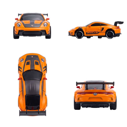 Four angle views showing the front, top, side, and rear of the orange Porsche 911 RC car
