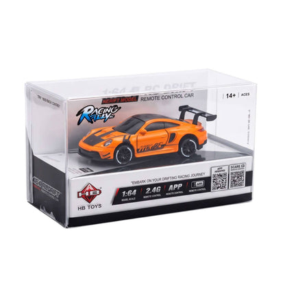 Front view of the orange Racing Rally HB-RP6402-1 Porsche 911 drift car in its display box