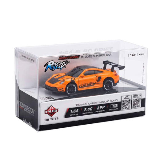Front view of the orange Racing Rally HB-RP6402-1 Porsche 911 drift car in its display box