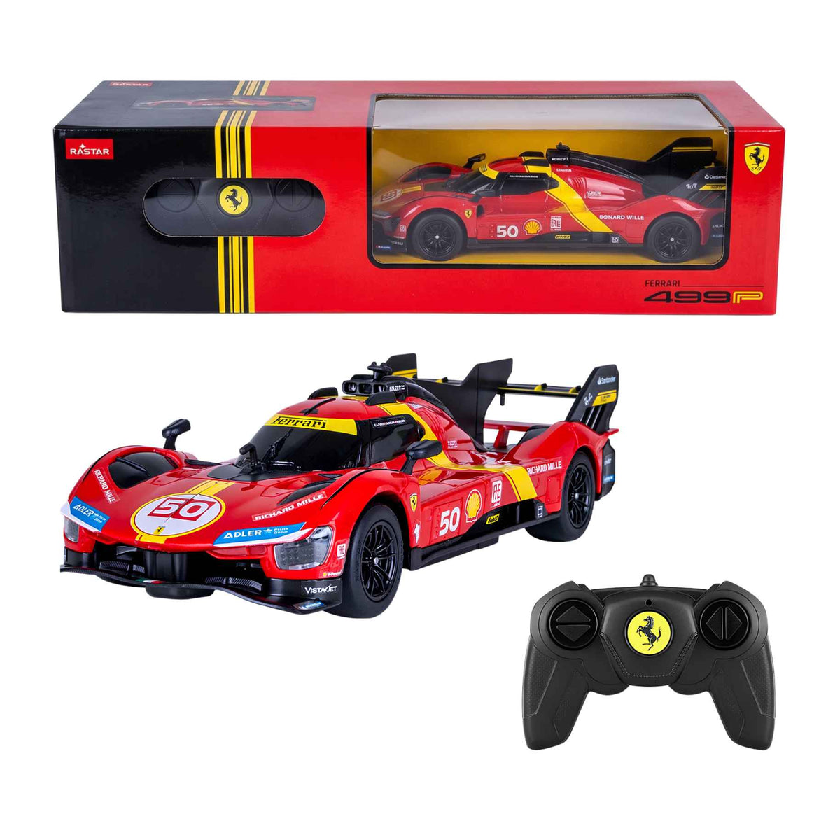 Front view of the RASTAR Ferrari 499P Hypercar RC car showing working LED headlights for wholesale inventory