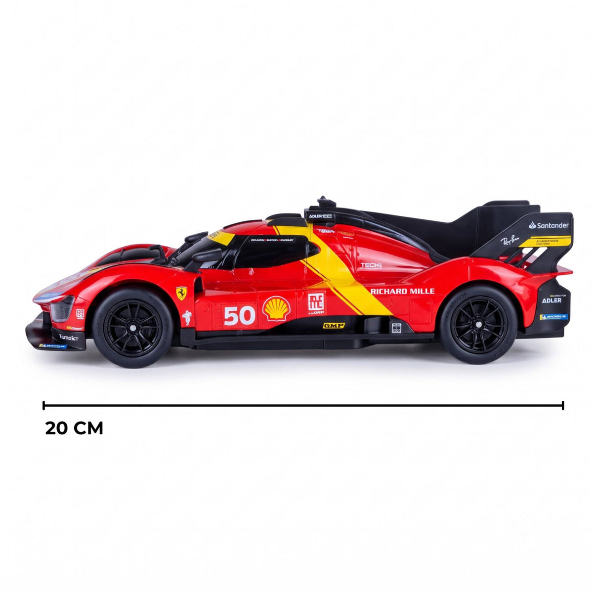 Side profile of the 20cm RASTAR Ferrari 499P Hypercar model car ready for retail store stock