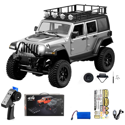 Front view of the silver MNRC MN128 RC rock crawler showing the 1:12 scale ABS body.