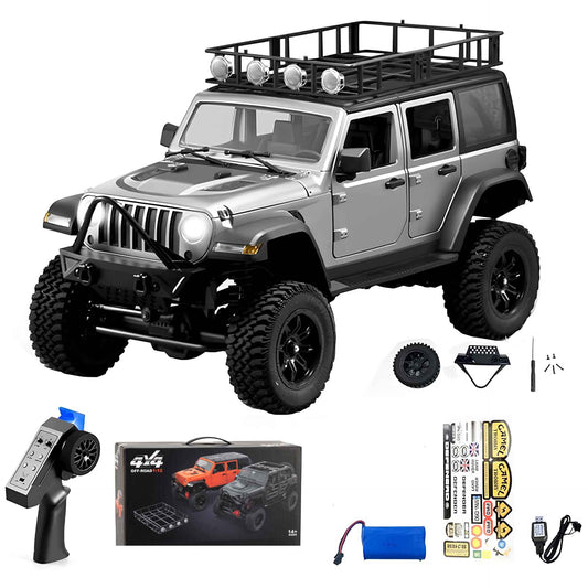 Front view of the silver MNRC MN128 RC rock crawler showing the 1:12 scale ABS body.