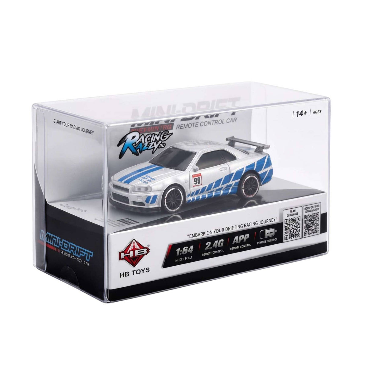 Front view of the silver Racing Rally HB-RP6402-1 Nissan Skyline drift car in its box.