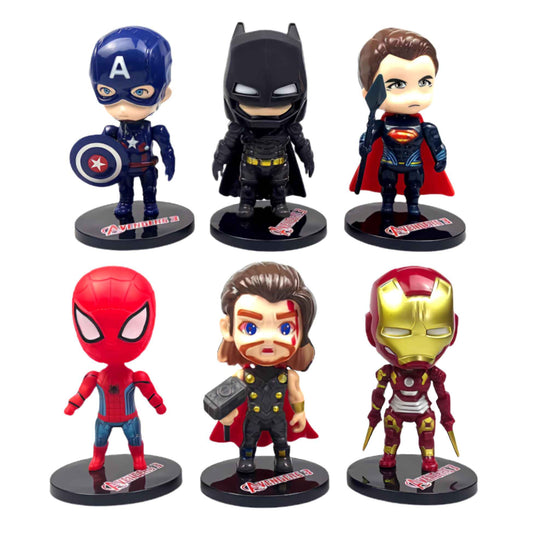 Front view of the 6 piece 10cm super hero action figure assortment set for wholesale store inventory