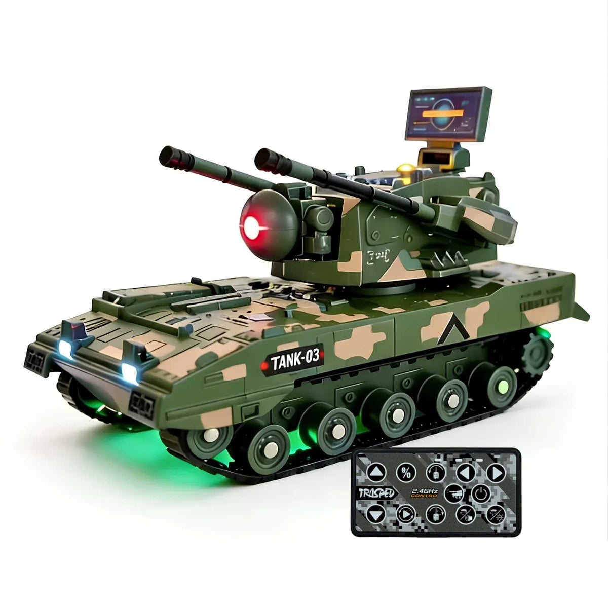 Front view of the TRASPED HG4-538 1:64 mini alloy RC tank with camouflage paint for wholesale store inventory