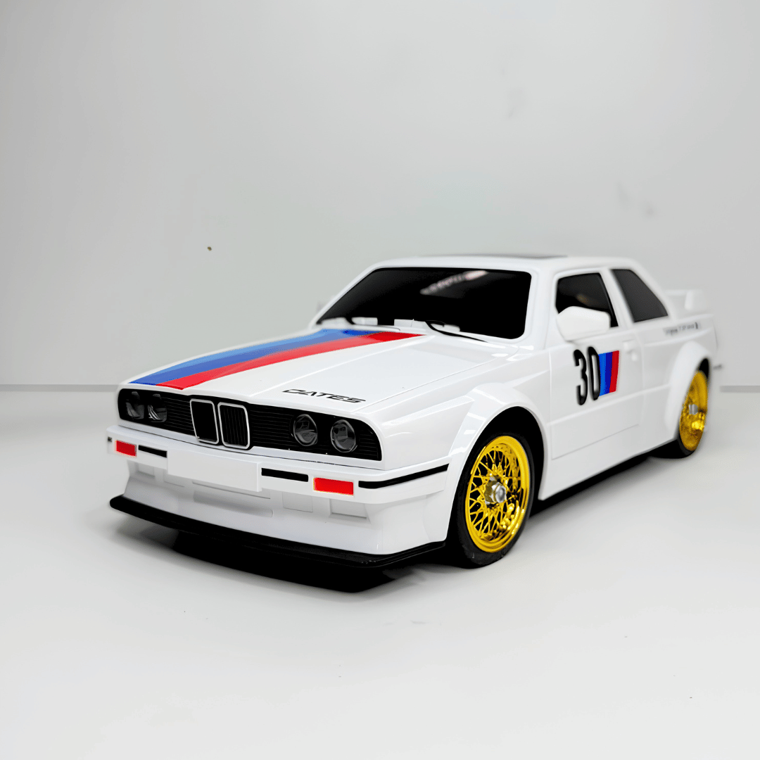Black WHOOSH BMW E30 1/16 scale RC drift car front view with gold mesh rims for low wholesale price India and online shop