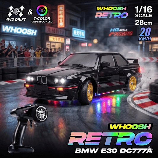 WHOOSH DC777A black BMW E30 style 1/16 scale RC drift car with gold mesh wheels in box for wholesale price and retail price India