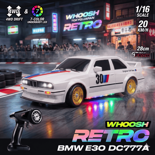 WHOOSH DC777A BMW E30 style 1/16 scale black RC drift car with gold mesh wheels in box for wholesale price and retail price India