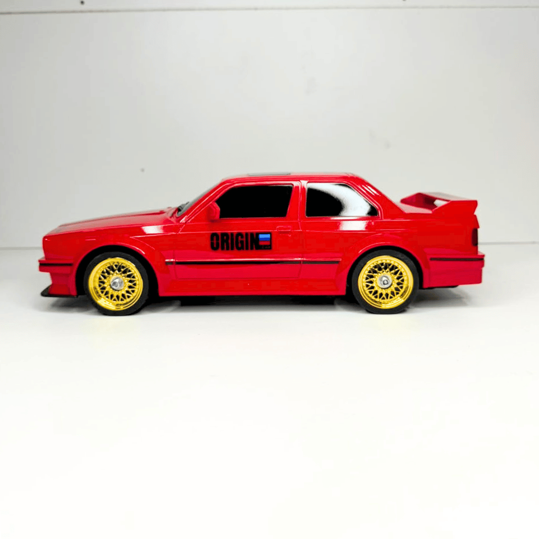 ear spoiler and twin exhaust bumper details of WHOOSH DC777A 1/16 scale red retro drift car for bulk order and retail online purchase