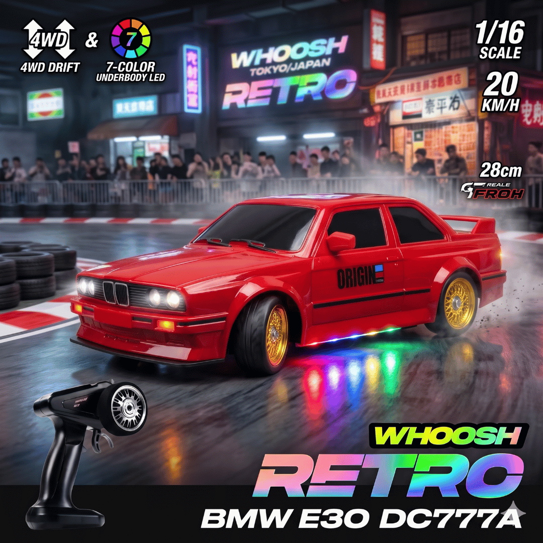 WHOOSH DC777A red BMW E30 style 1/16 scale RC drift car with gold mesh wheels in box for wholesale price and retail price India