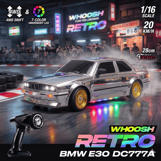 WHOOSH DC777A silver BMW E30 style 1/16 scale RC drift car with gold mesh wheels in box for wholesale price and retail price India